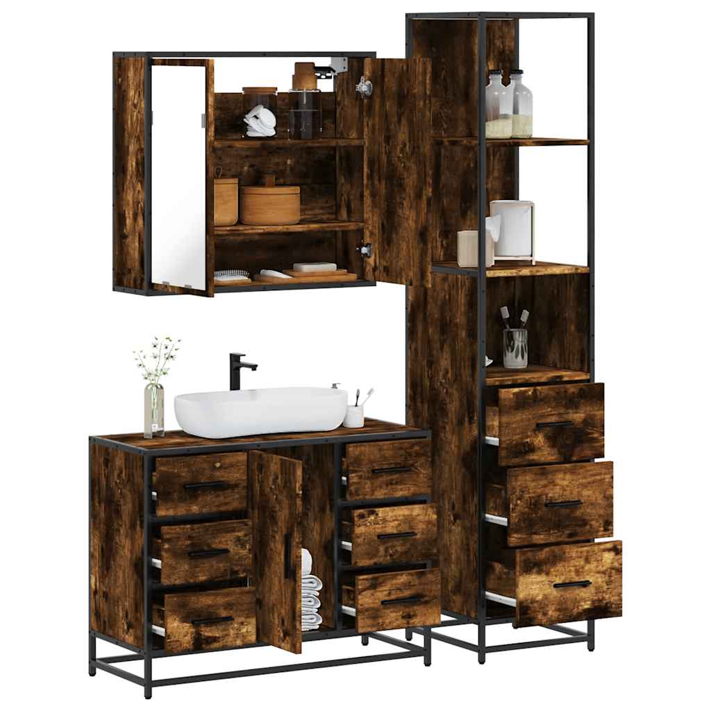 3 Piece Bathroom Furniture Set Smoked Oak Engineered Wood - R and M Furniture