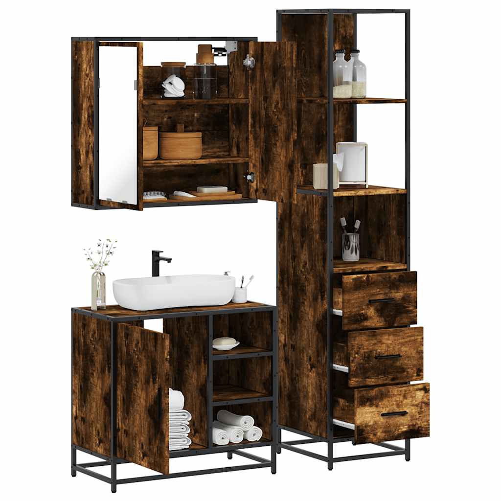 3 Piece Bathroom Furniture Set Smoked Oak Engineered Wood - Decor Base