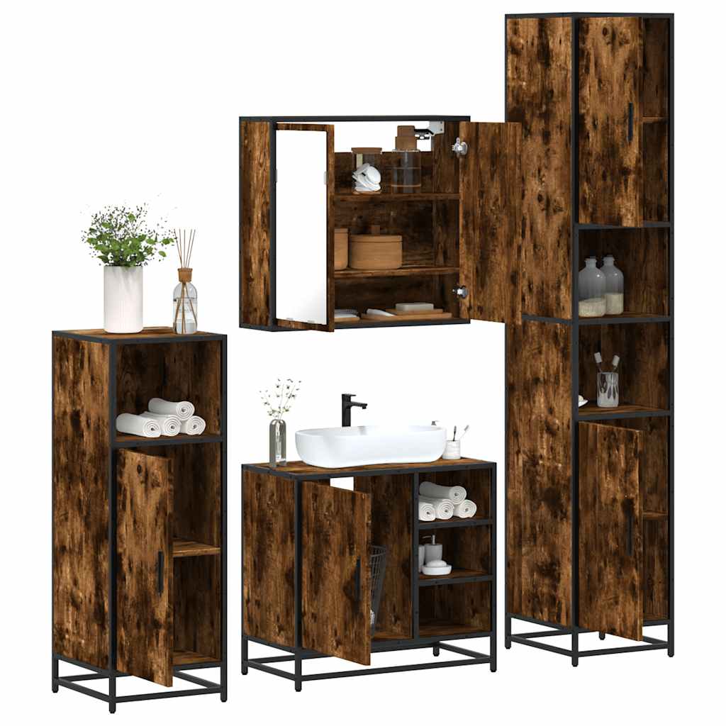4 Piece Bathroom Furniture Set Smoked Oak Engineered Wood - Decor Base