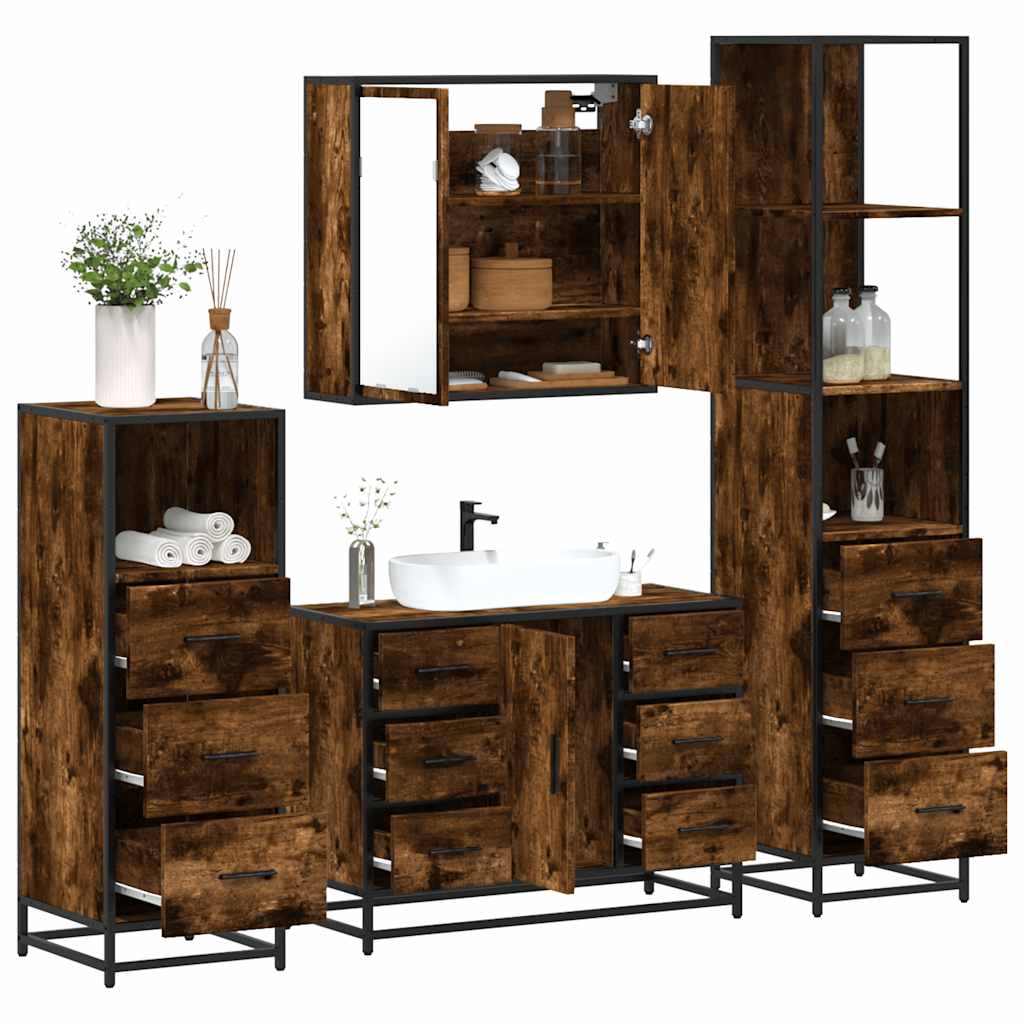 4 Piece Bathroom Furniture Set Smoked Oak Engineered Wood - R and M Furniture