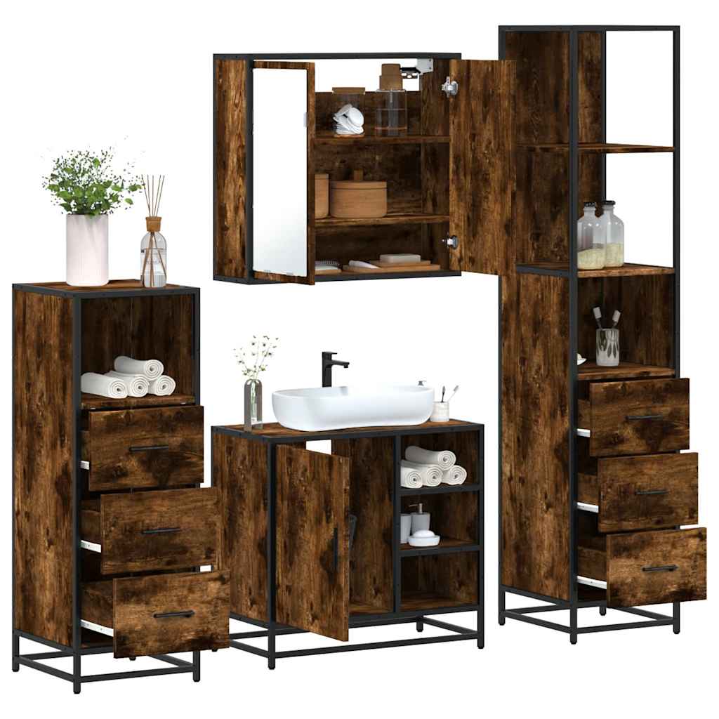 4 Piece Bathroom Furniture Set Smoked Oak Engineered Wood - Design Hut