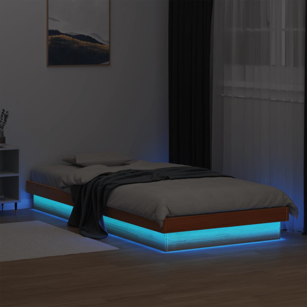 LED Bedframe Wax Brown 75x190cm Small Single Solid Wood - Charlotte Dunes