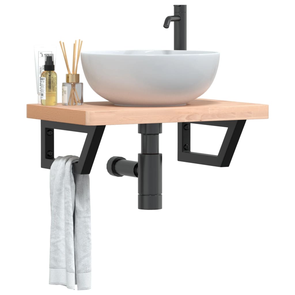 Basin Shelf Wall Mounted Steel and Solid Wood Beech - Charlotte Dunes