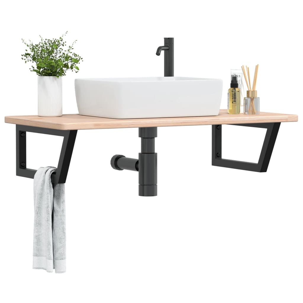 Basin Shelf Wall Mounted Steel and Solid Wood Oak - Brittle & Co