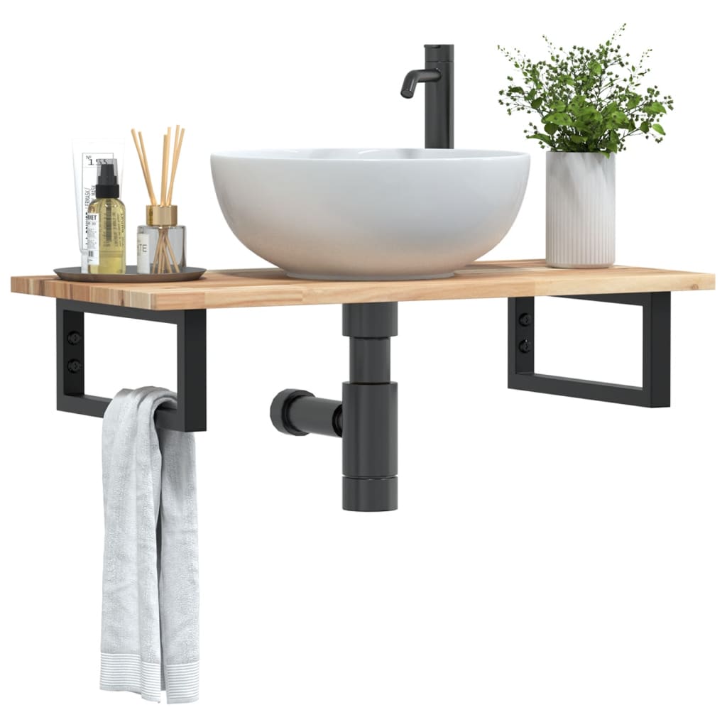 Basin Shelf Wall Mounted Steel and Solid Wood Acacia - Discount Dealers