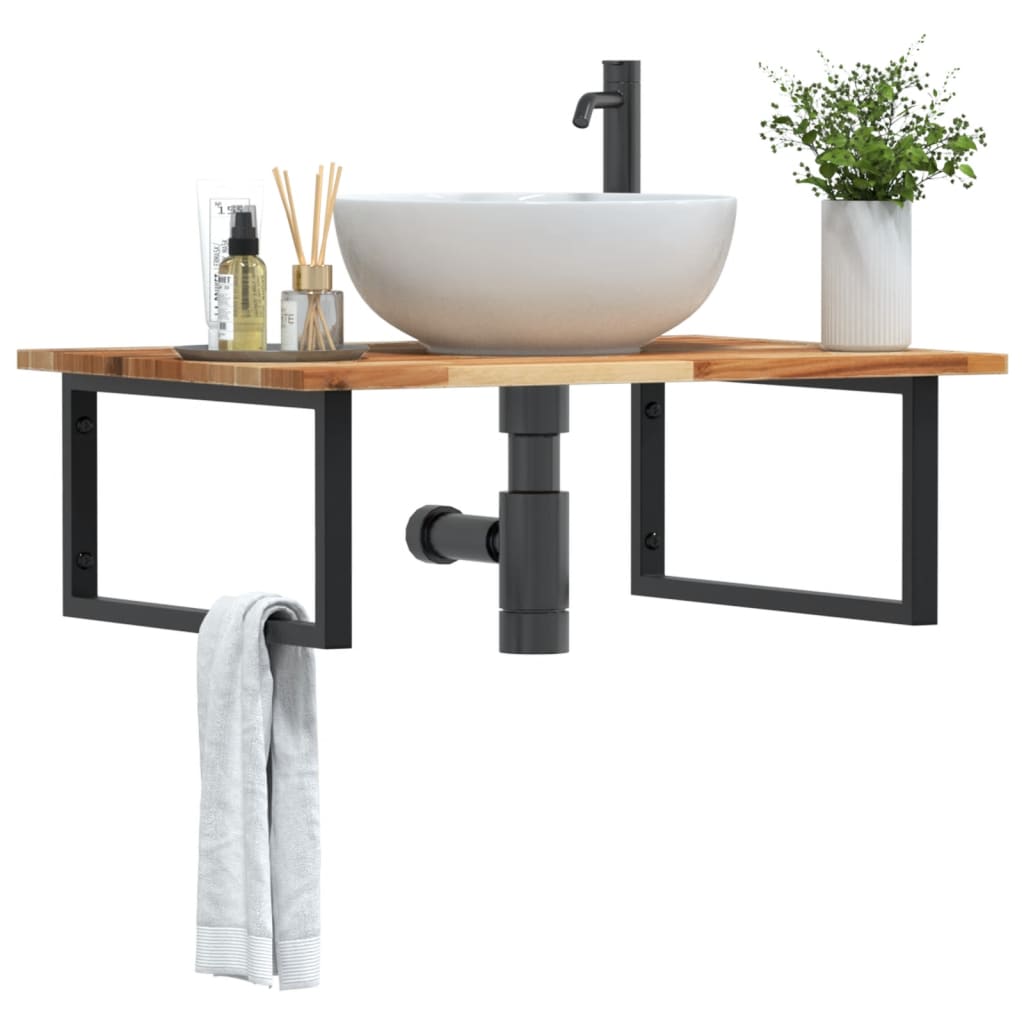 Basin Shelf Wall Mounted Steel and Solid Wood Acacia - Discount Dealers