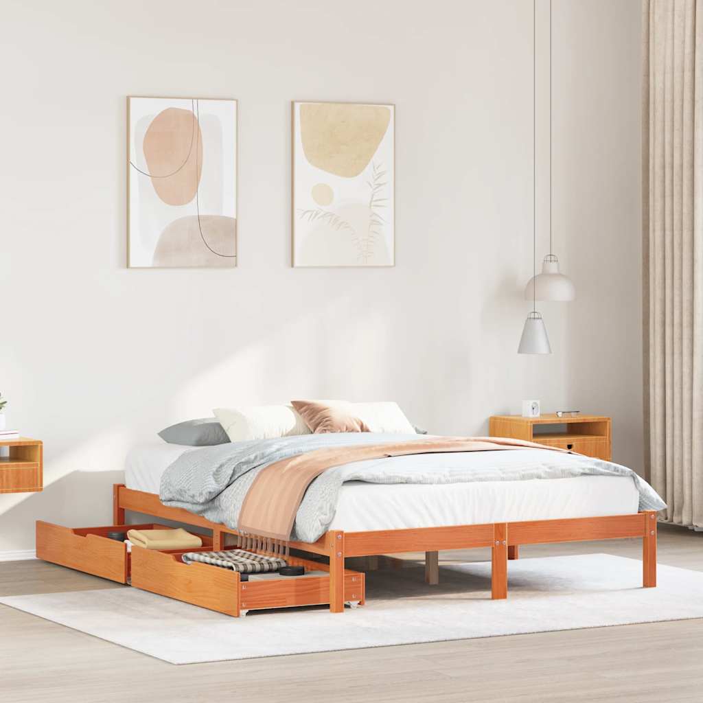 Bedframe Wax Brown 135x190cm Double Solid Wood Pine - Charlotte Dunes