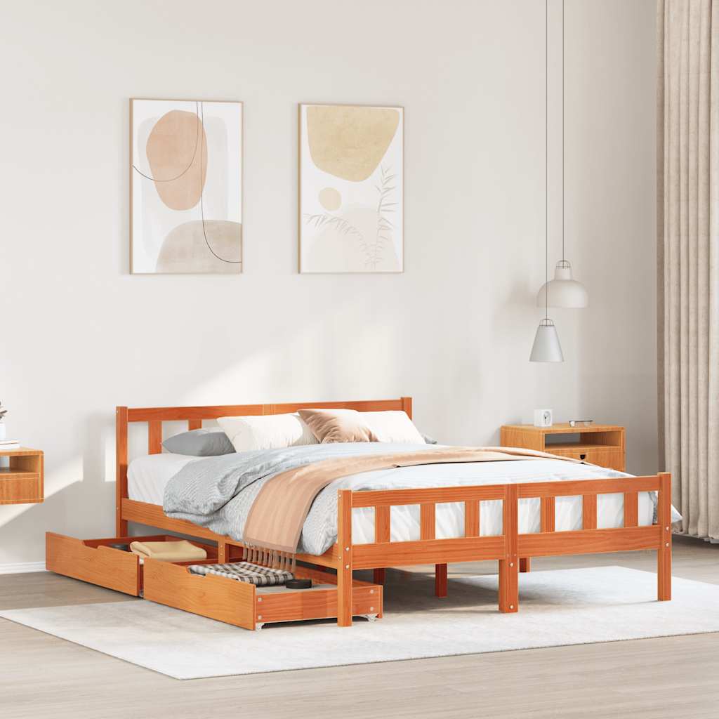Bedframe Wax Brown 150x200cm King Size Solid Wood Pine - Sid & Sam