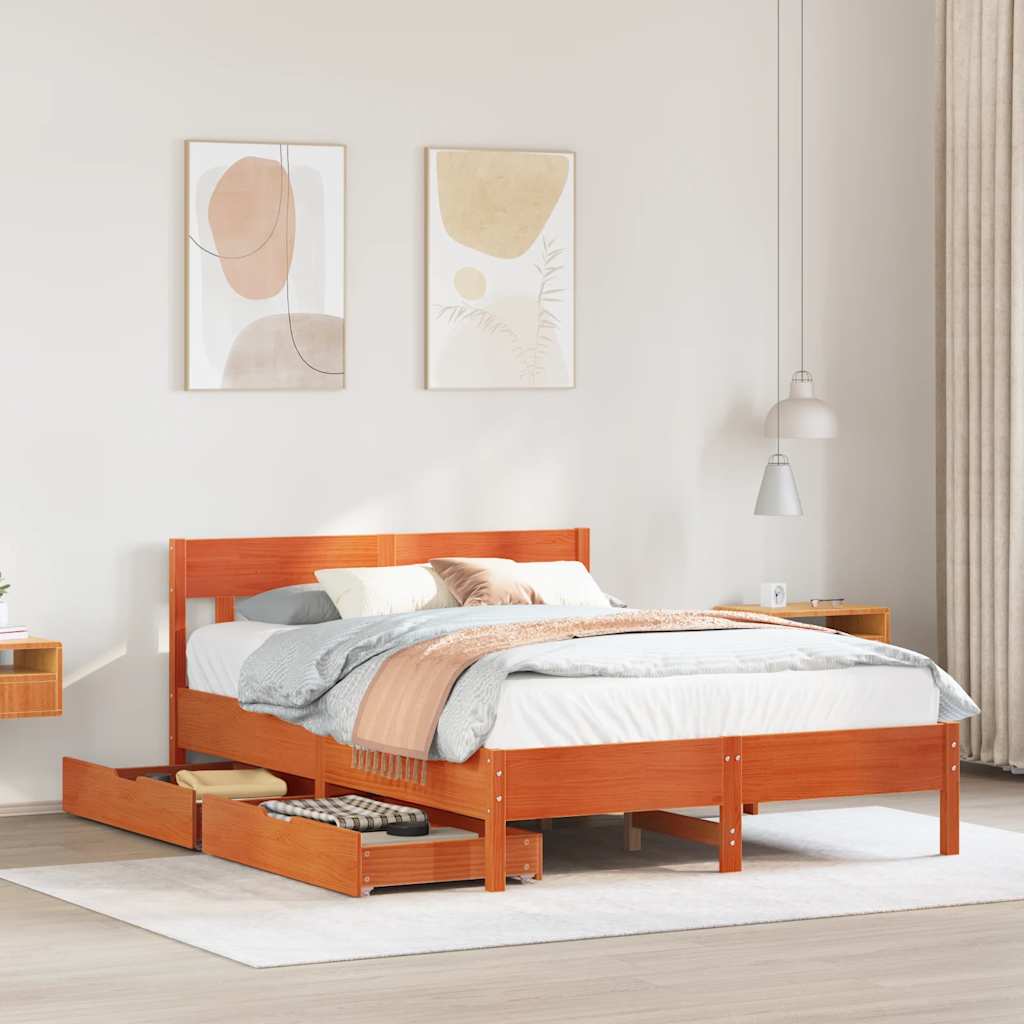 Bedframe Wax Brown 135x190cm Double Solid Wood Pine - Charlotte Dunes