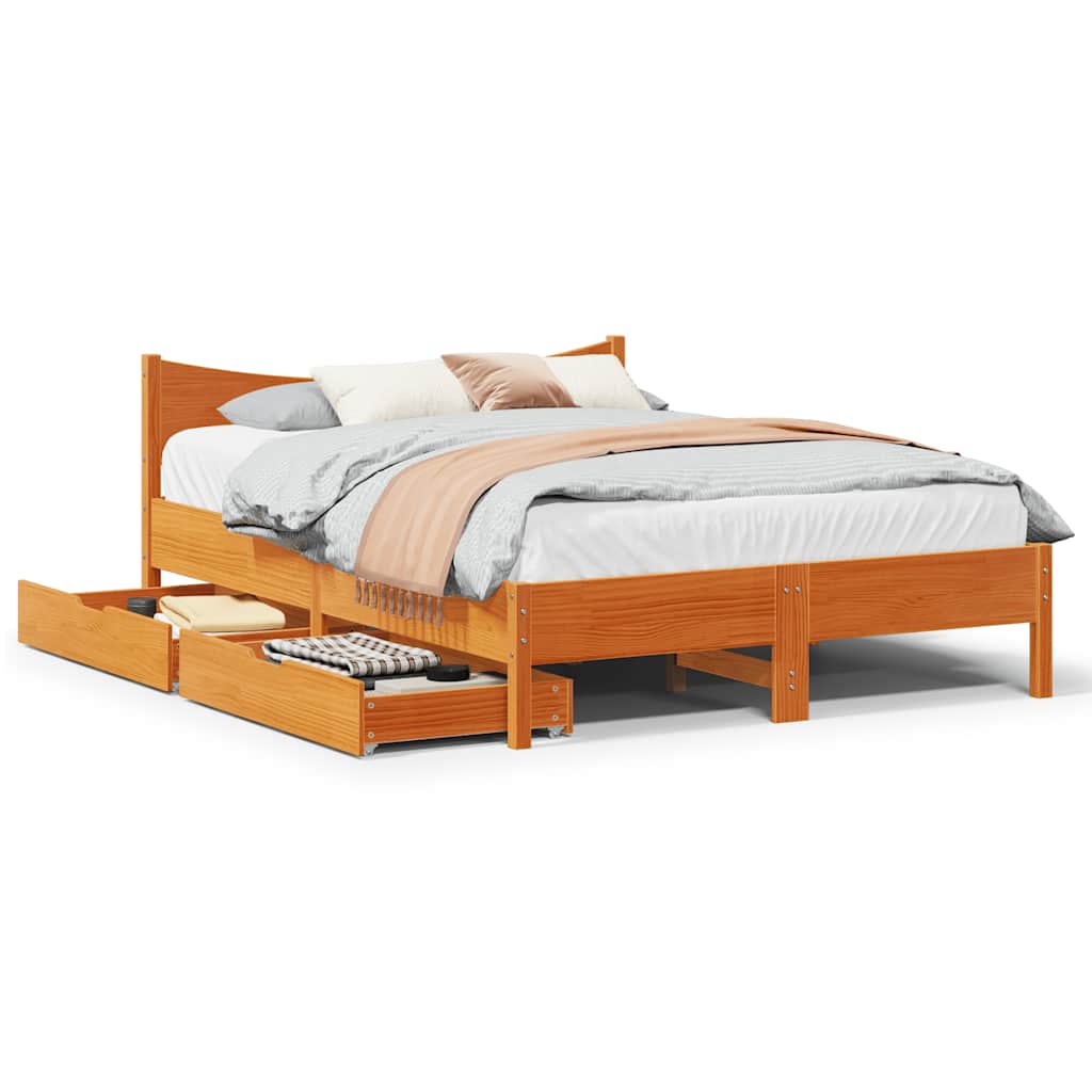 Bedframe with Drawers Wax Brown 135x190cm Double Solid Wood Pine - Charlotte Dunes