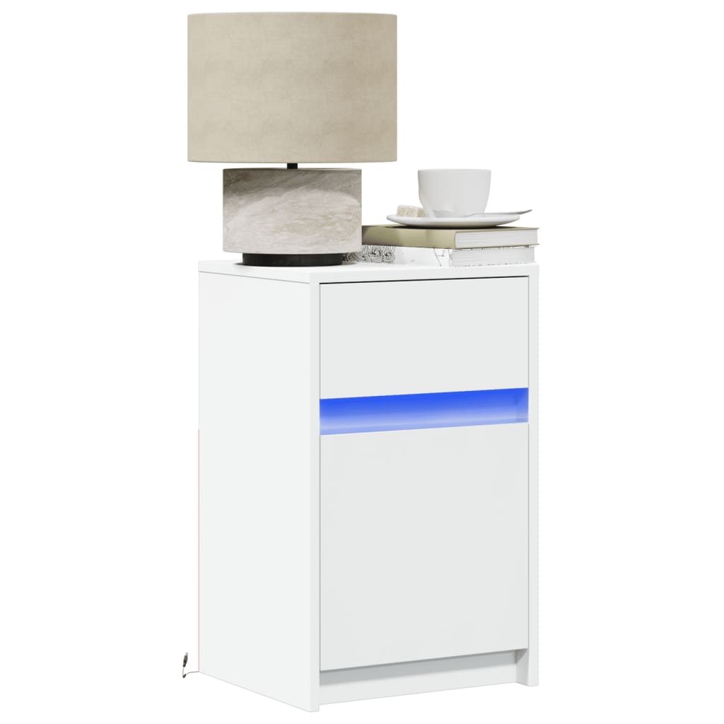 Bedside Cabinet with LED Lights White Engineered Wood - vid-851998 - Discount Dealers