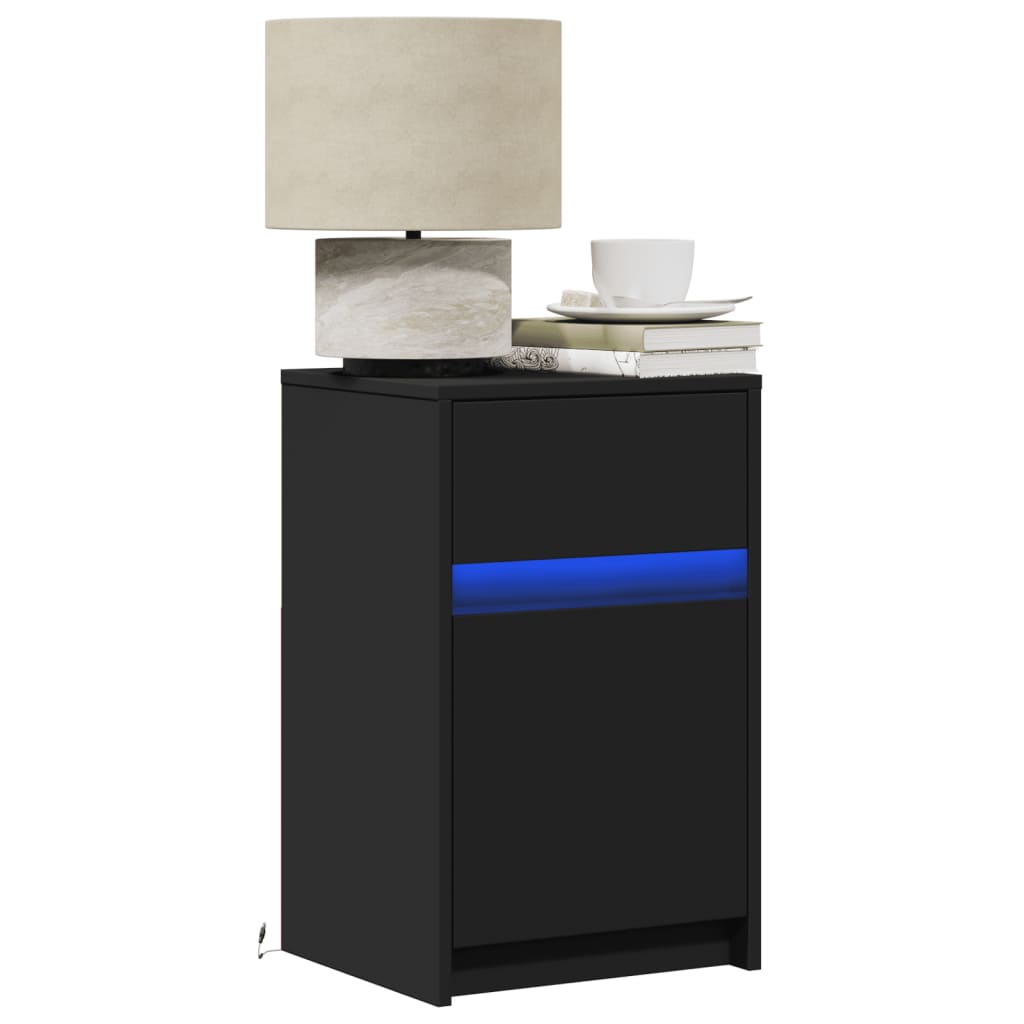 Bedside Cabinet with LED Lights Black Engineered Wood - R and M Furniture