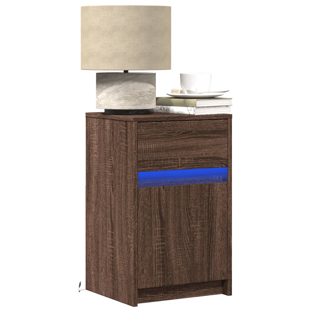 Bedside Cabinet with LED Lights Brown Oak Engineered Wood - vid-852010 - Discount Dealers