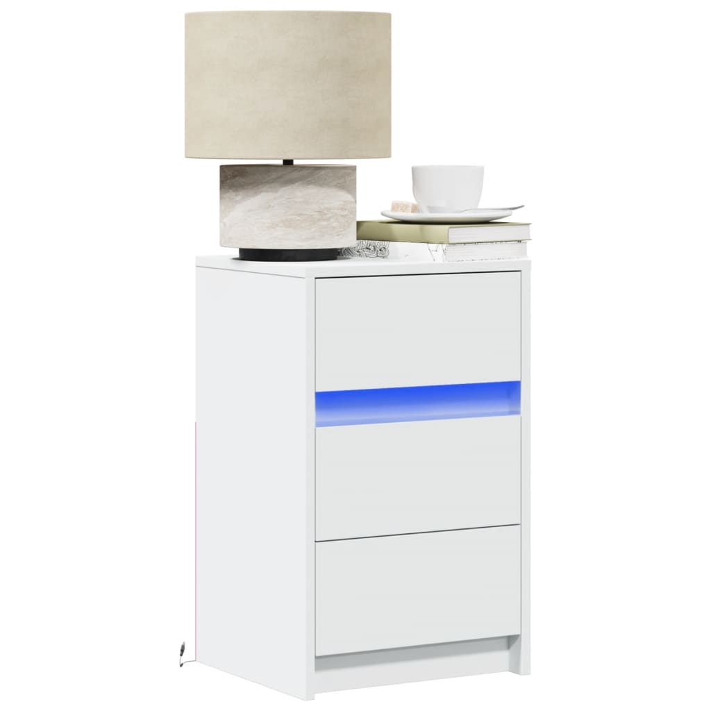 Bedside Cabinet with LED Lights White Engineered Wood - vid-852012 - Discount Dealers