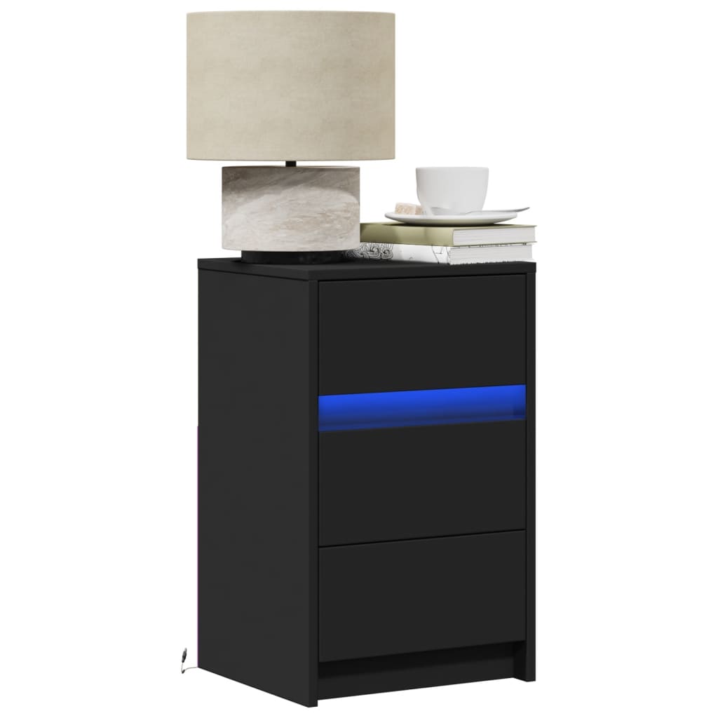 Bedside Cabinet with LED Lights Black Engineered Wood - R and M Furniture