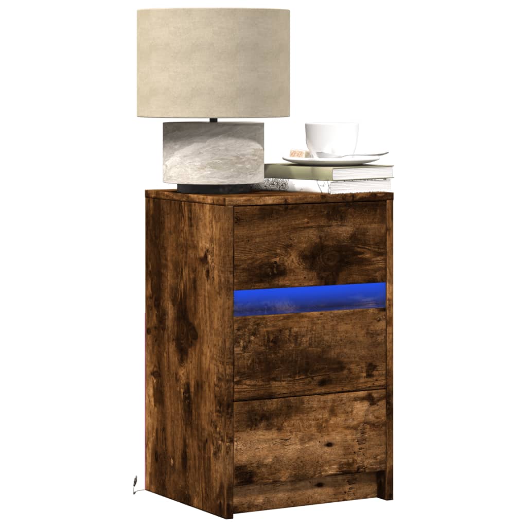 Bedside Cabinet with LED Lights Smoked Oak Engineered Wood - vid-852016 - Discount Dealers