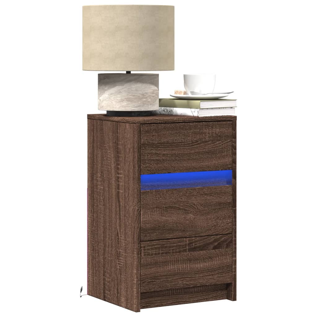 Bedside Cabinet with LED Lights Brown Oak Engineered Wood - vid-852018 - Discount Dealers