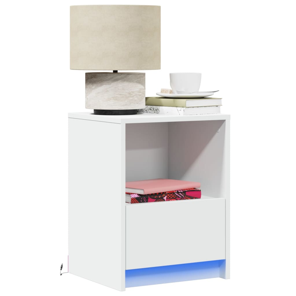 Bedside Cabinet with LED Lights White Engineered Wood - vid-852019 - Discount Dealers