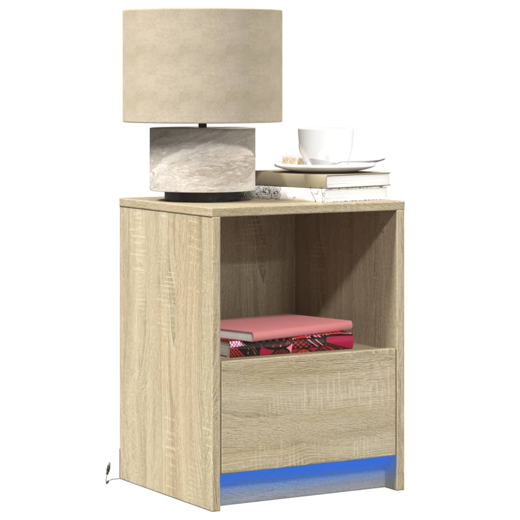 Bedside Cabinet with LED Lights Sonoma Oak Engineered Wood - vid-852023 - Discount Dealers