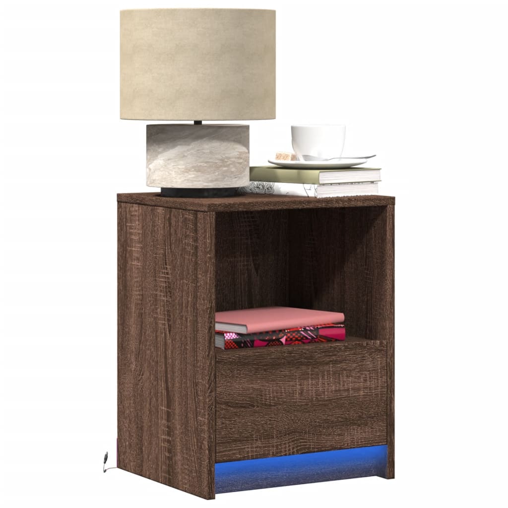 Bedside Cabinets with LED Lights 2 pcs Brown Oak Engineered Wood - vid-852032 - Discount Dealers