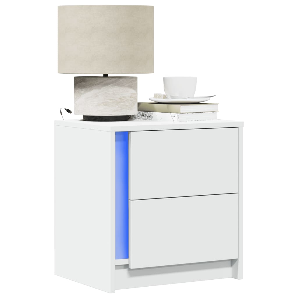 Bedside Cabinet with LED Lights White Engineered Wood - vid-852047 - Discount Dealers