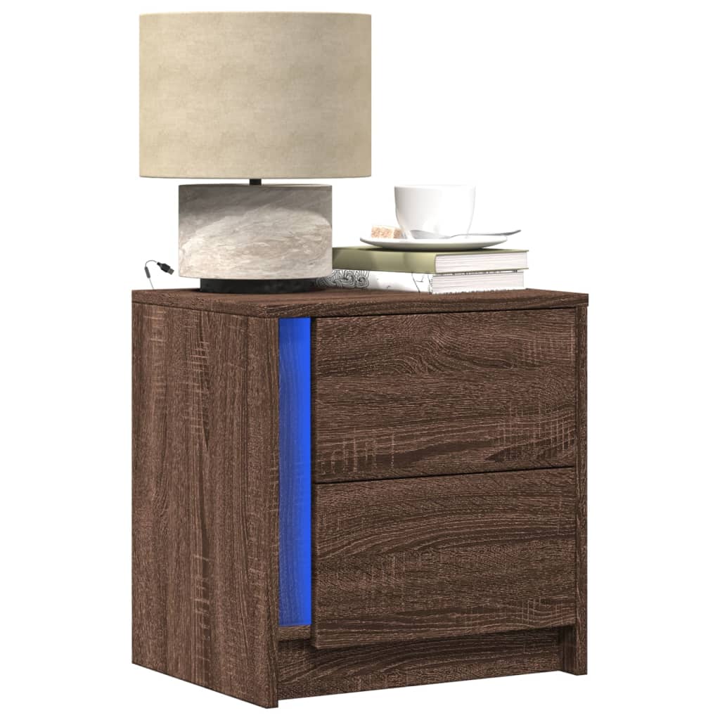 Bedside Cabinets with LED Lights 2 pcs Brown Oak Engineered Wood - vid-852060 - Discount Dealers