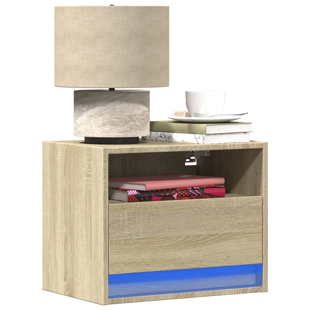 Wall-mounted Bedside Cabinets with LED Lights 2 pcs Sonoma Oak - vid-852066 - Design Hut
