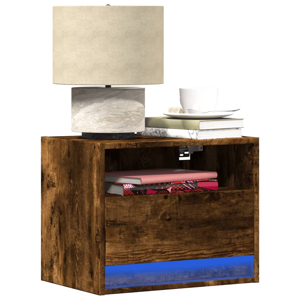 Wall-mounted Bedside Cabinet with LED Lights Smoked Oak - vid-852069 - Design Hut