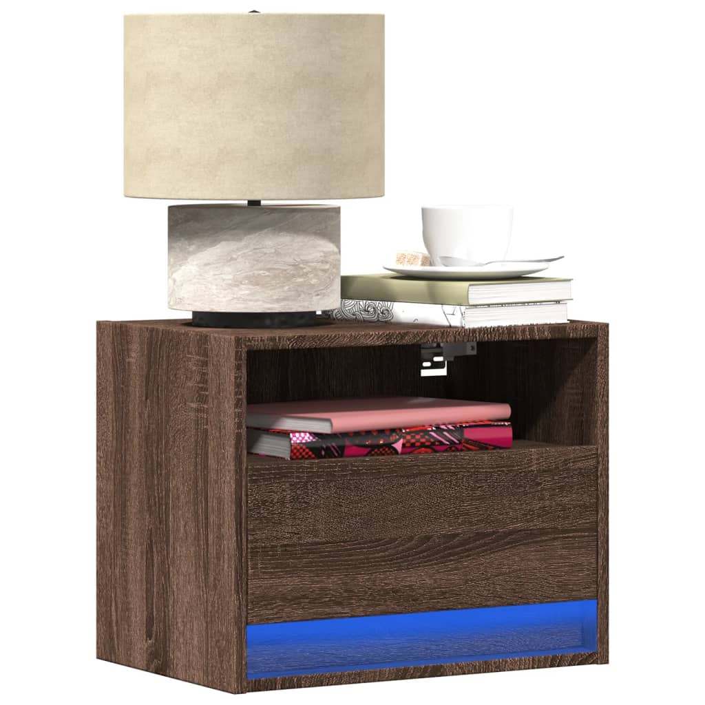Wall-mounted Bedside Cabinet with LED Lights Brown Oak - vid-852073 - Design Hut