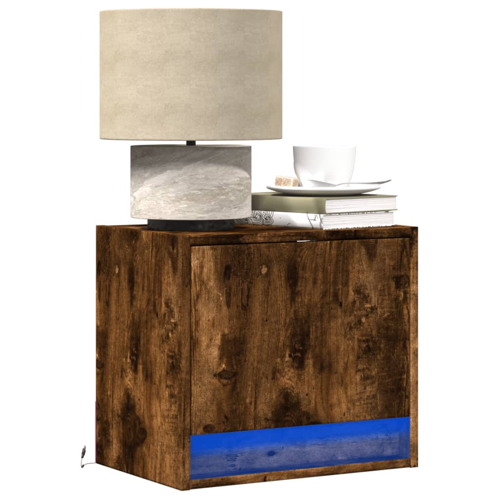 Wall-mounted Bedside Cabinets with LED Lights 2 pcs Smoked Oak - vid-852084 - Design Hut