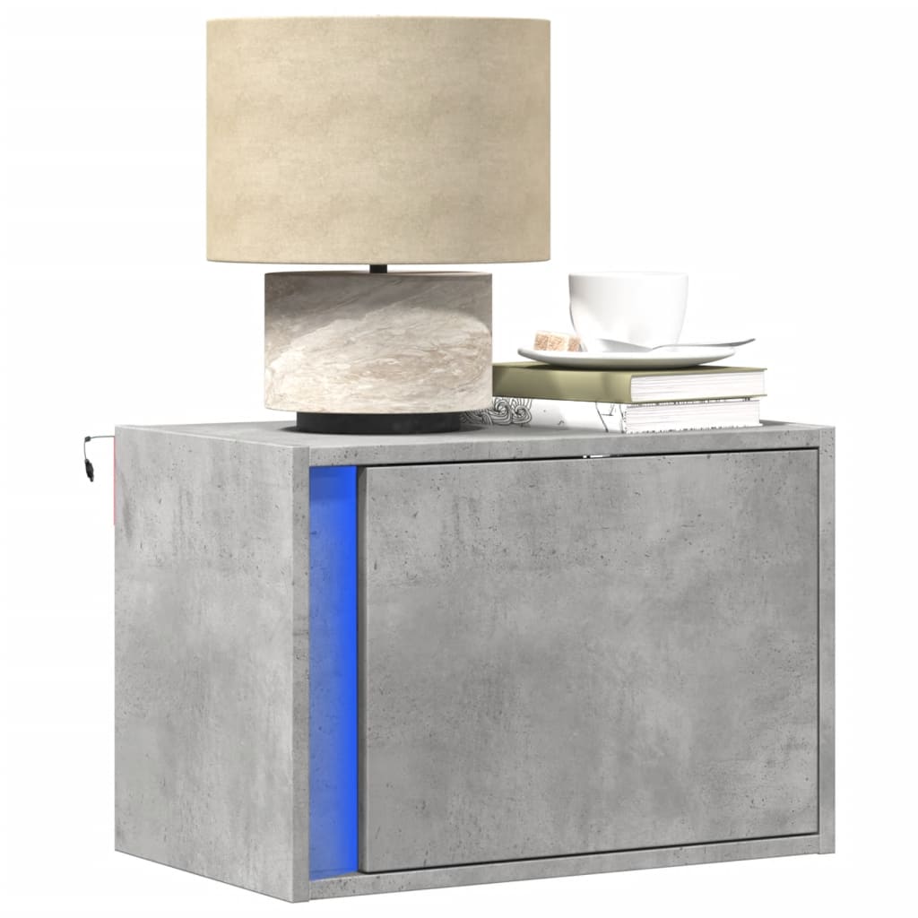 Wall-mounted Bedside Cabinet with LED Lights Concrete Oak - vid-852095 - Design Hut