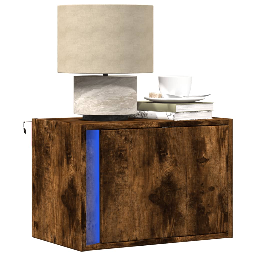 Wall-mounted Bedside Cabinets with LED Lights 2 pcs Smoked Oak - vid-852098 - Design Hut