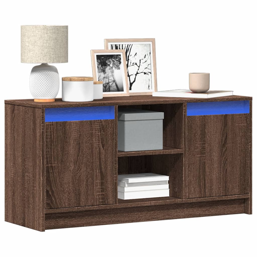 TV Cabinet with LED Brown Oak 100x34x50 cm Engineered Wood - vid-852193 - Discount Dealers