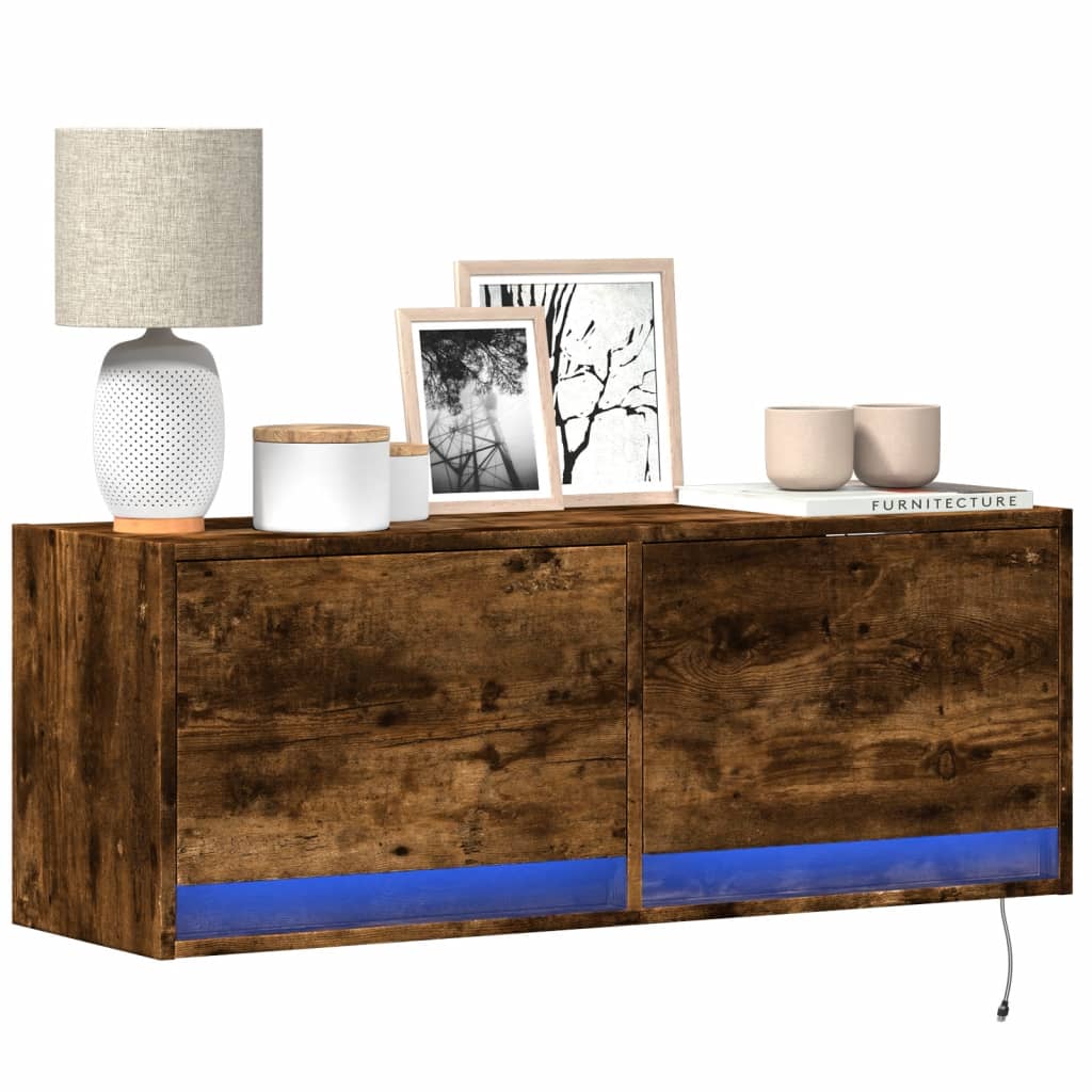 TV Wall Cabinet with LED Lights Smoked Oak 100x31x35 cm - Design Hut