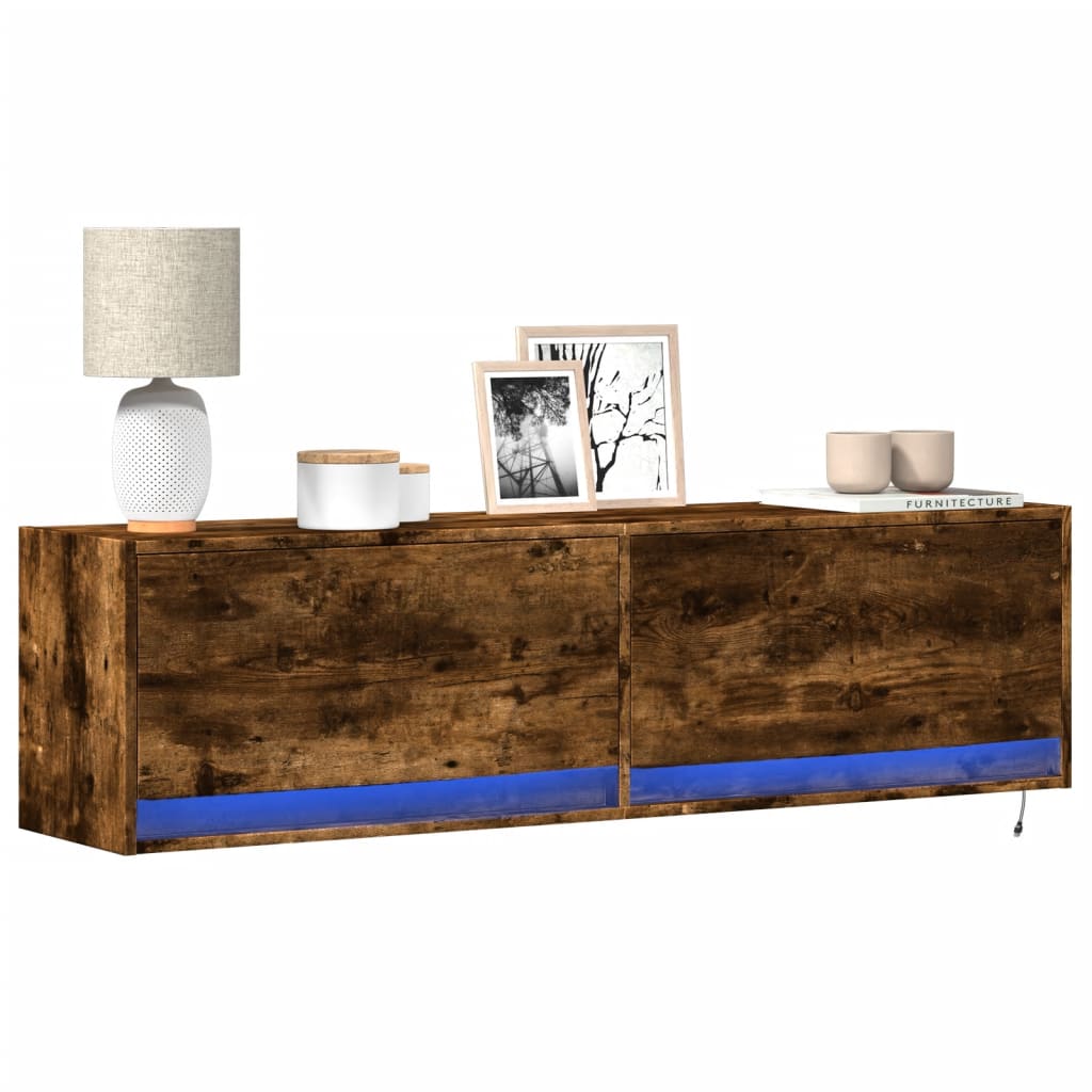 TV Wall Cabinet with LED Lights Smoked Oak 140x31x38 cm - Design Hut
