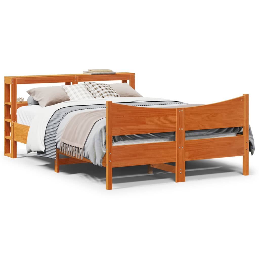 Bedframe with Headboard Wax Brown 135x190cm Double Solid Wood Pine - Charlotte Dunes