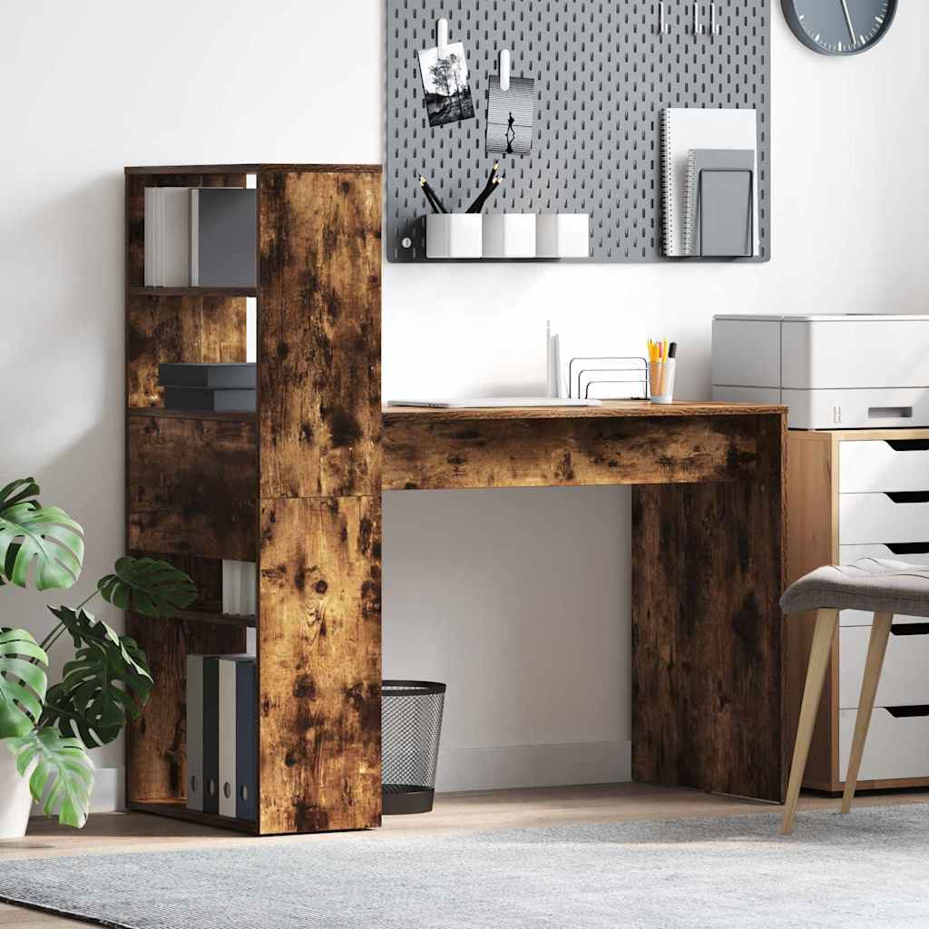 Desk with Storage Smoked Oak 113x54x120 cm Engineered Wood - Decor Base
