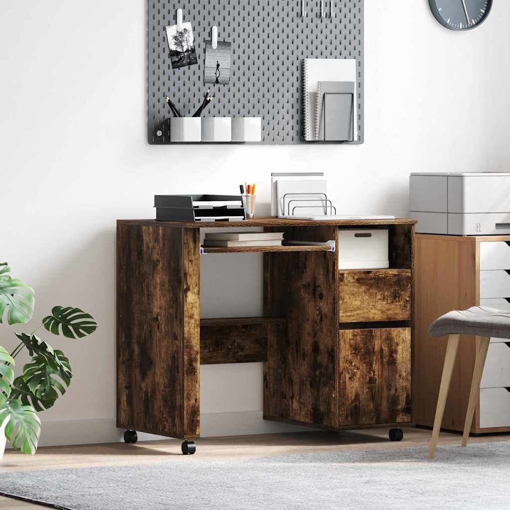 Brown Computer Desk Smoked oak Engineered wood Compact Drawers - Casper Homes
