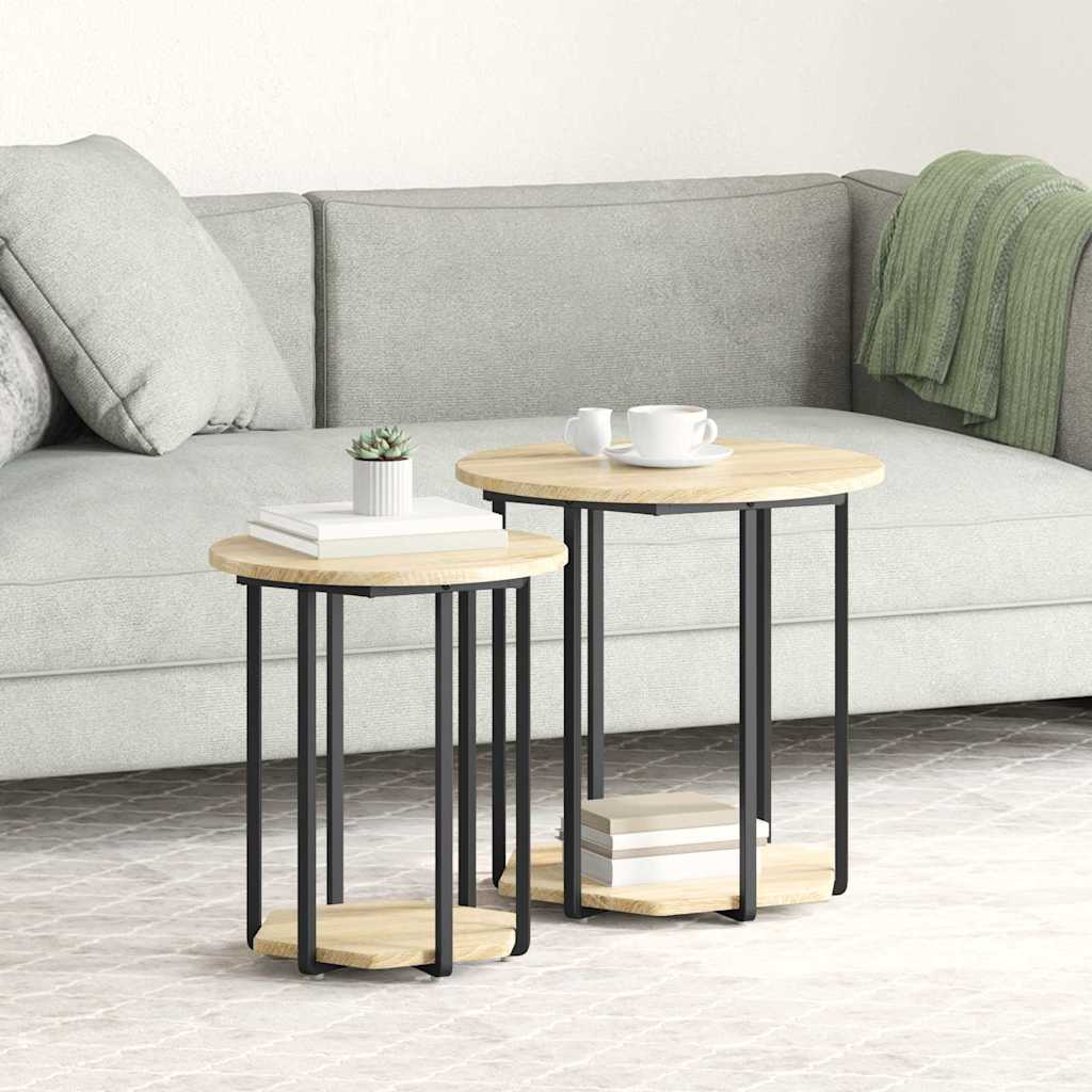 Side Table Set of 2, Sonoma Oak Wood and Metal - Discount Dealers