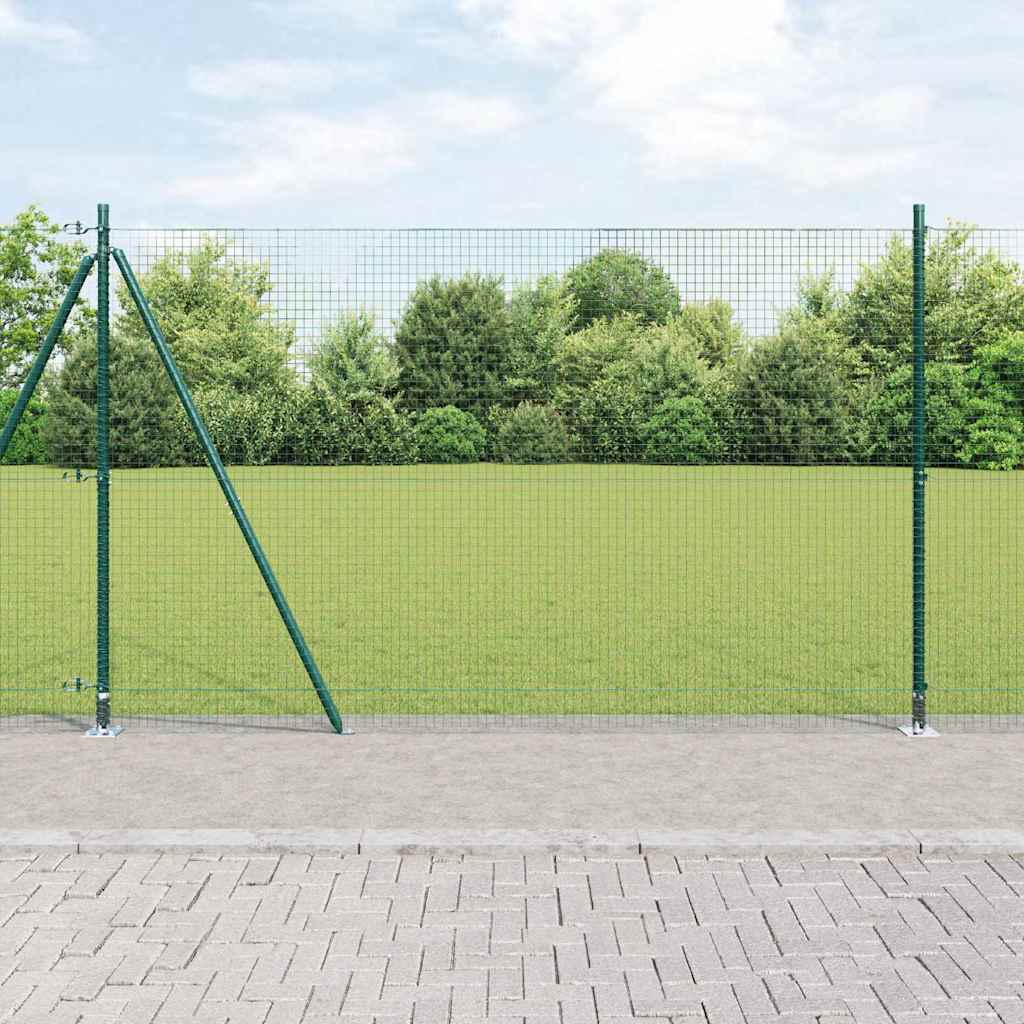 Welded Wire Fence with 7 Flanged Posts Green 1.4x10 m Steel - Design Hut