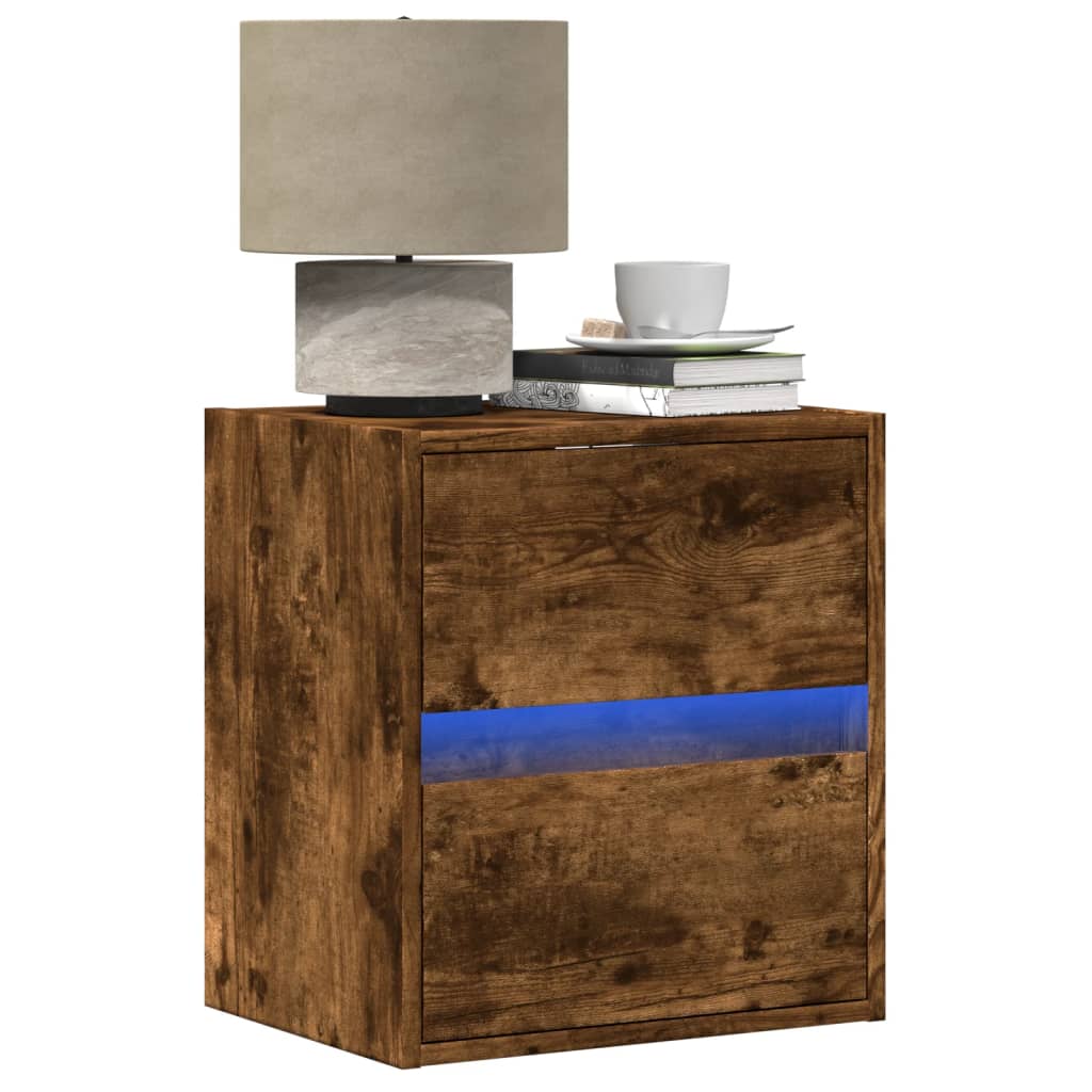Wall-mounted Bedside Cabinet with LED Lights Smoked Oak - vid-3307969 - Discount Dealers