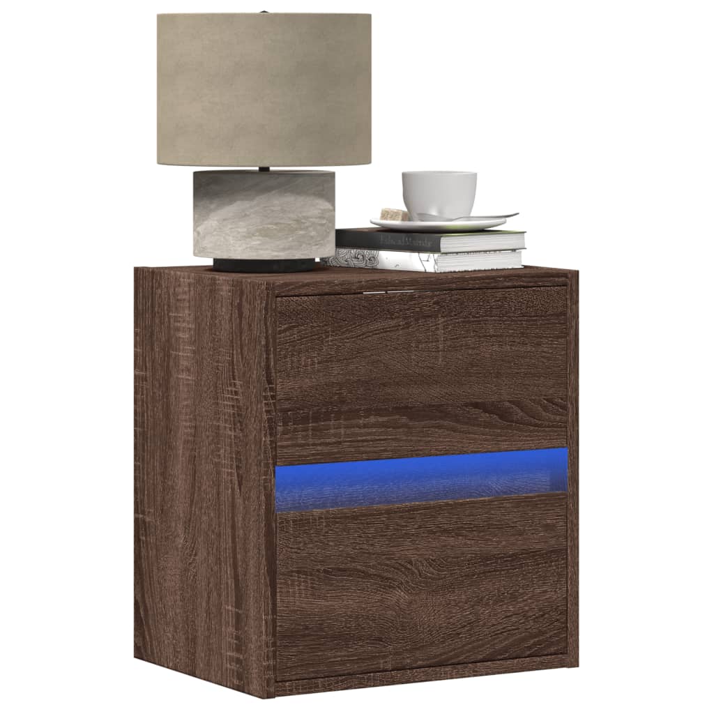 Wall-mounted Bedside Cabinet with LED Lights Brown Oak - vid-3307973 - Discount Dealers