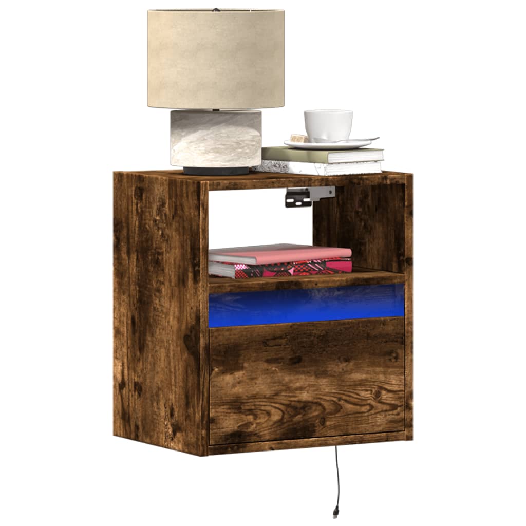 Wall-mounted Bedside Cabinet with LED Lights Smoked Oak - vid-3307983 - Discount Dealers
