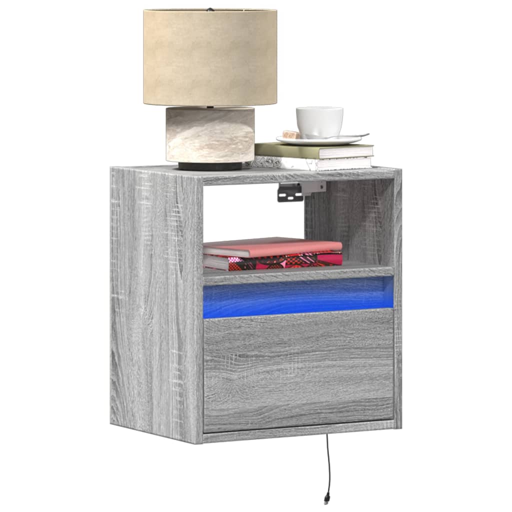 Wall-mounted Bedside Cabinets with LED Lights 2 pcs Grey Sonoma - vid-3307986 - Discount Dealers