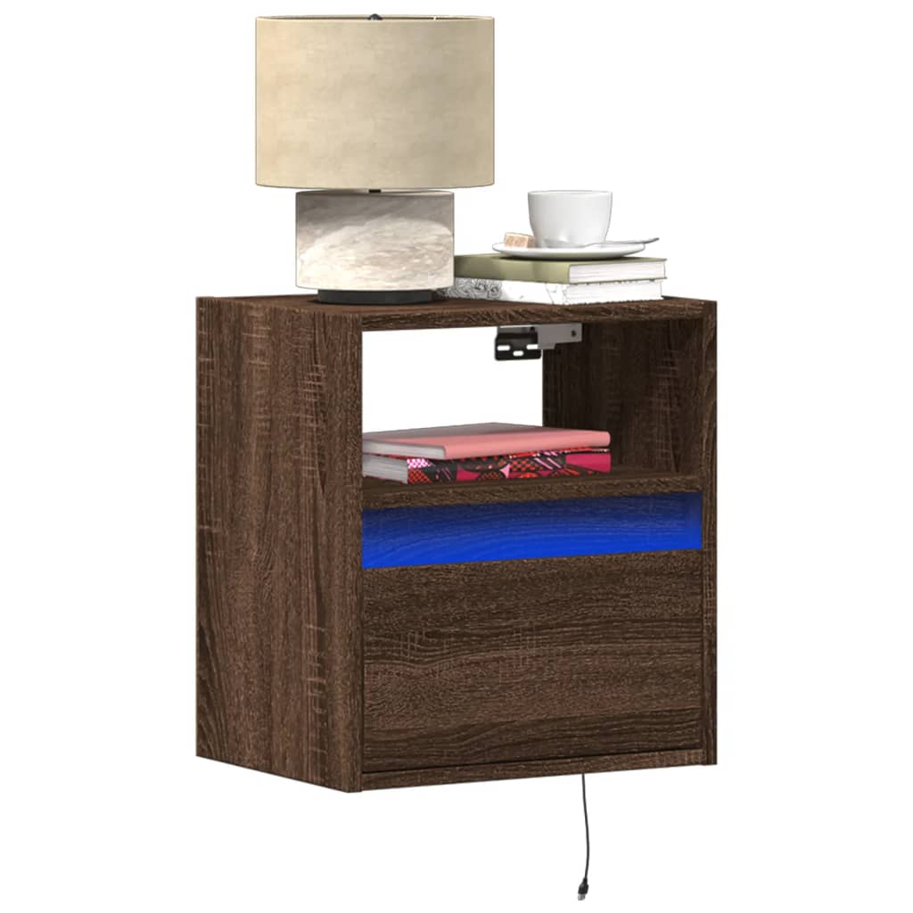 Wall-mounted Bedside Cabinet with LED Lights Brown Oak - vid-3307987 - Discount Dealers
