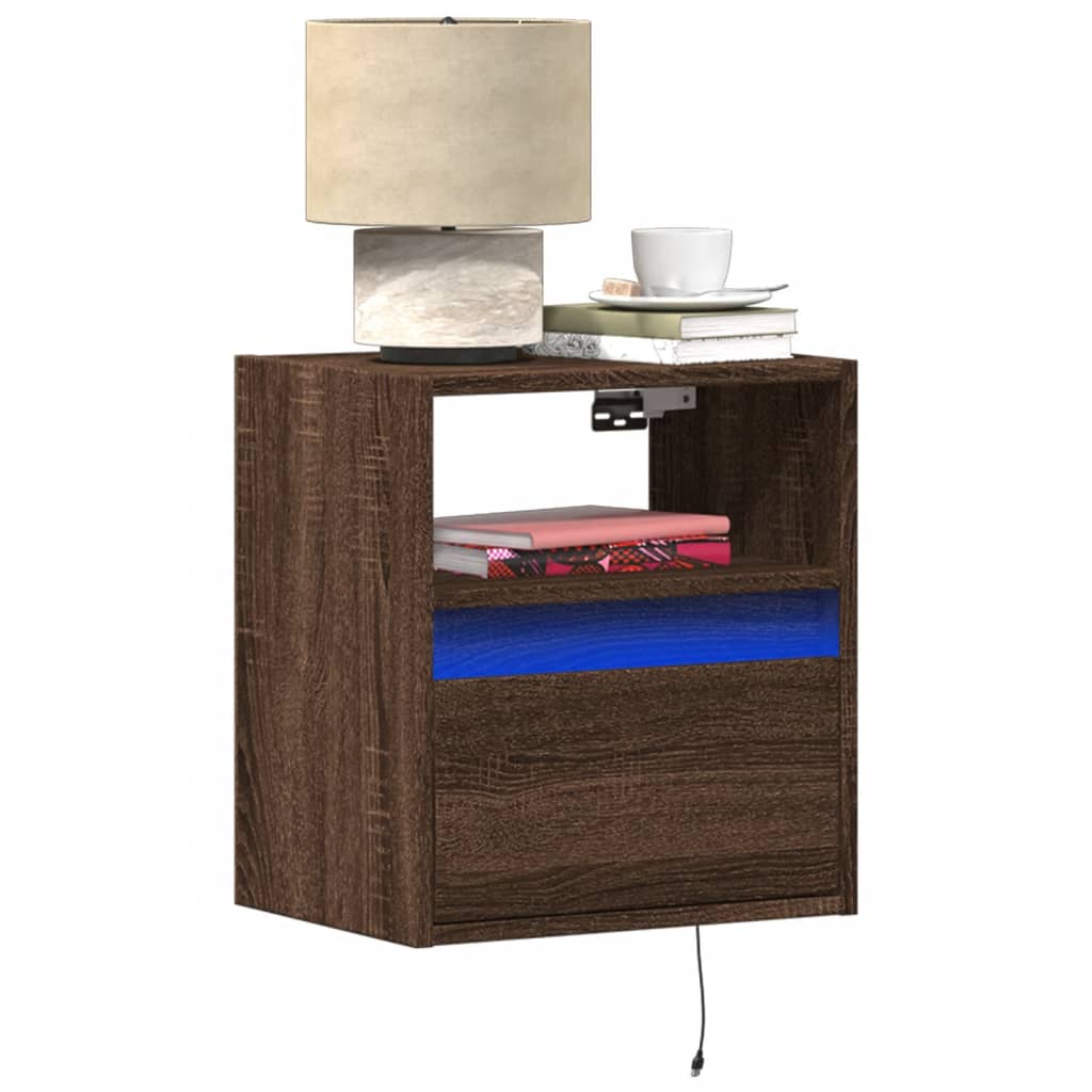 Wall-mounted Bedside Cabinets with LED Lights 2 pcs Brown Oak - vid-3307988 - Discount Dealers