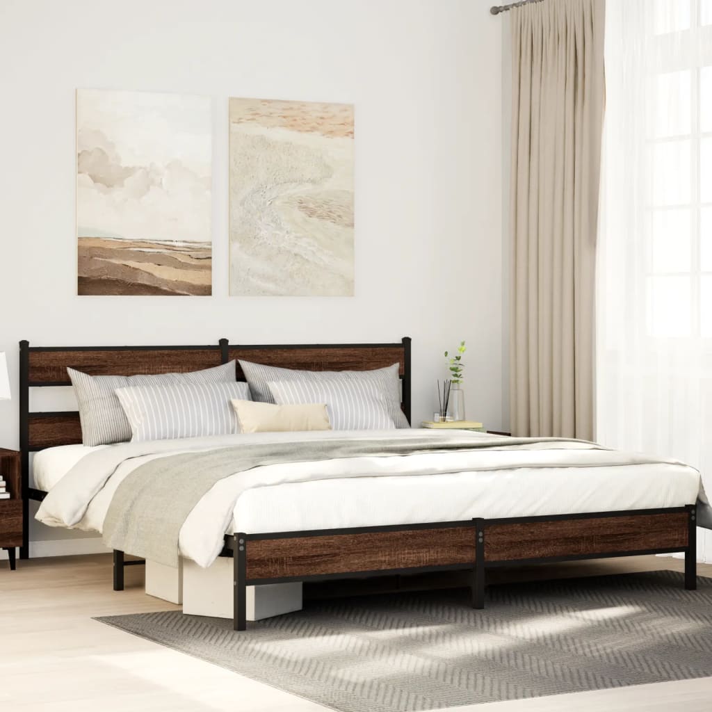 Metal Bedframe Brown Oak 180x200cm Super King - Direct Imports