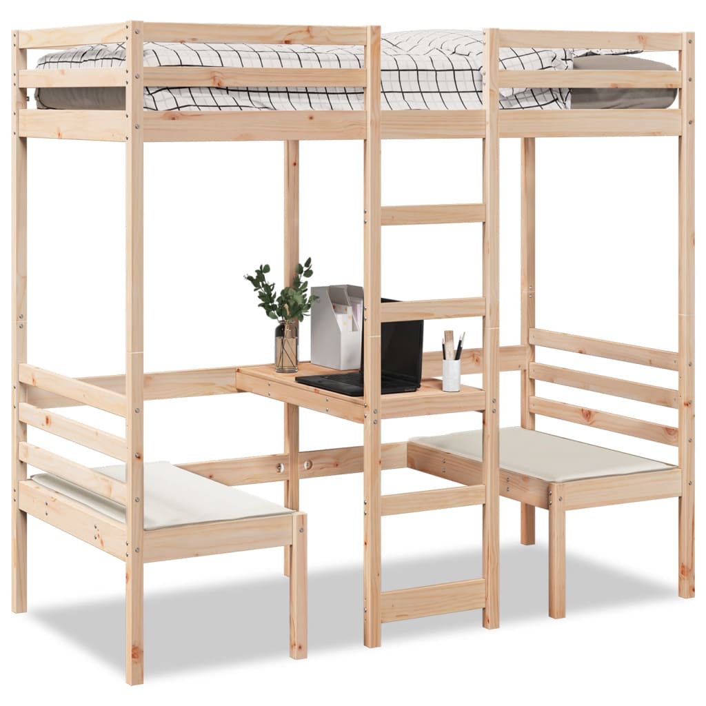 Loft Bedframe with Desk and Chairs 90x200cm Solid Wood Pine - Sid & Sam