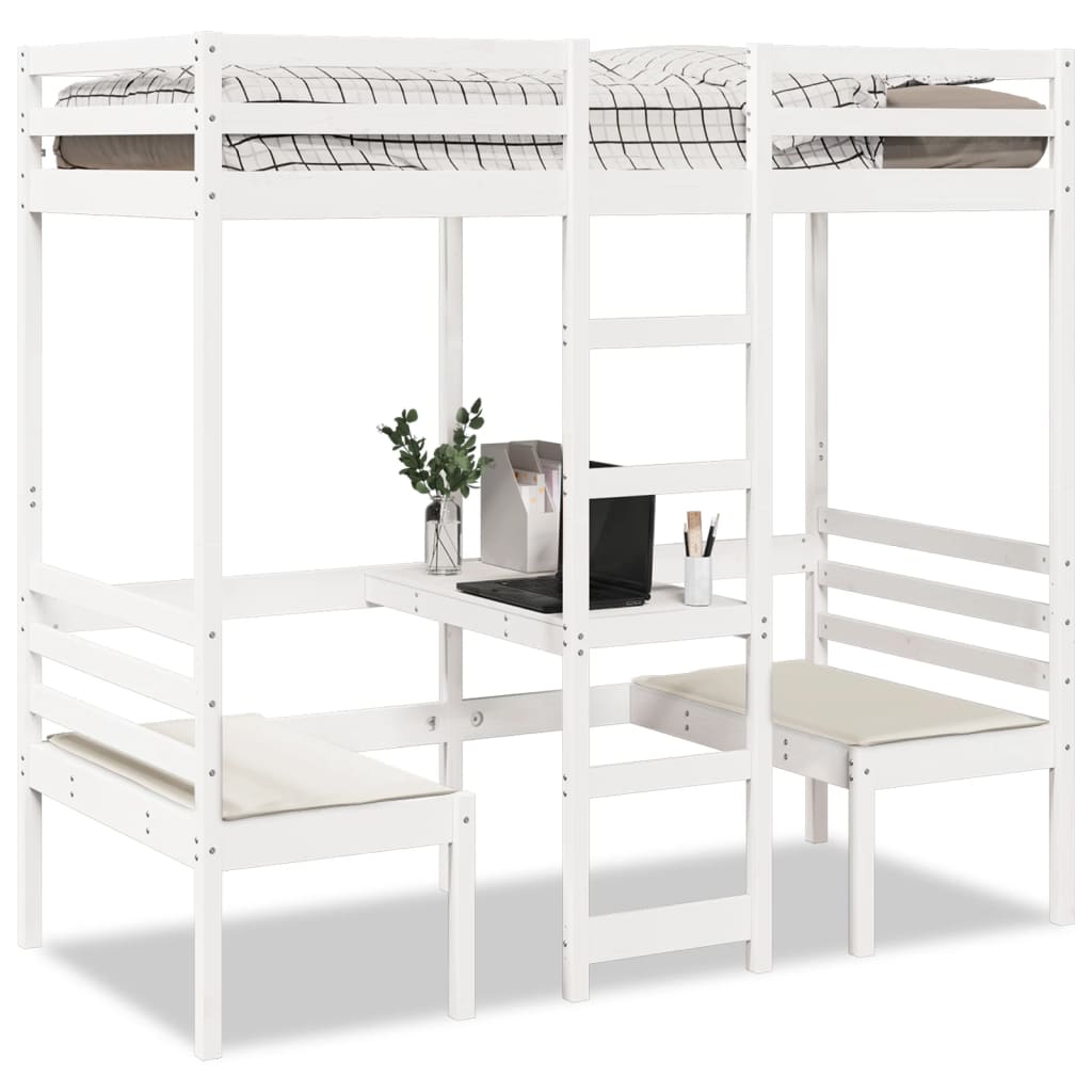 Loft Bedframe with Desk and Chairs White 80x200cm Solid Wood Pine - Casper Homes