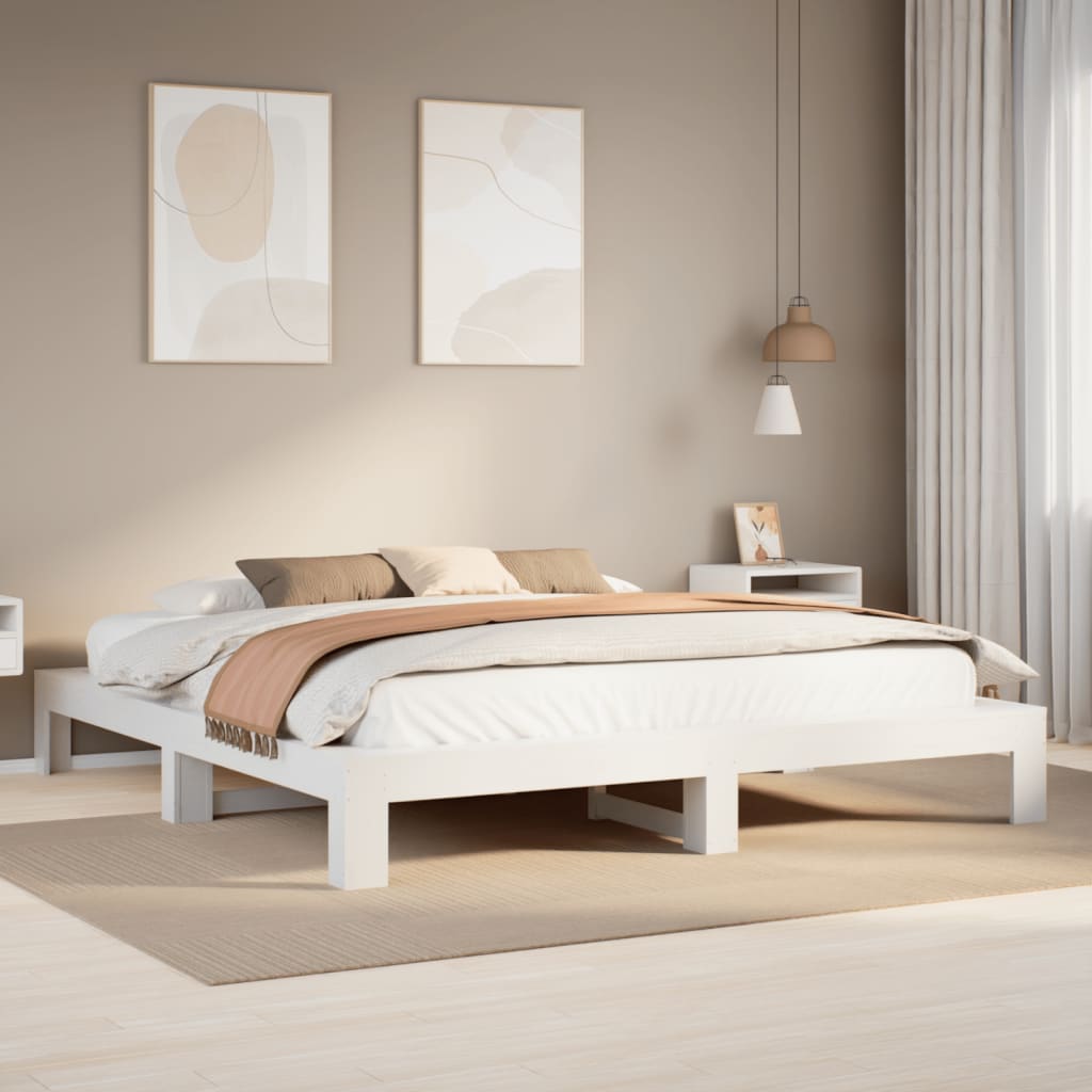 Bedframe White 200x200cm Solid Wood Pine - Charlotte Dunes